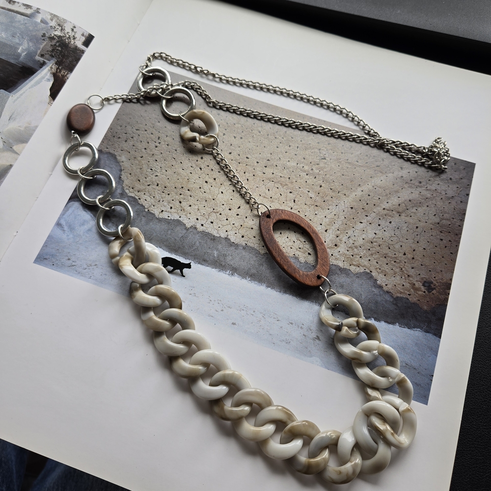 Elegant Long Chain Necklace with Wood Accents